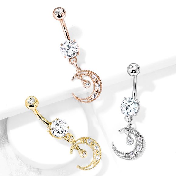 NEW! Cubic Zirconia Paved Crescent Dangle Round Belly Rings Set of 3 - Picture 1 of 7
